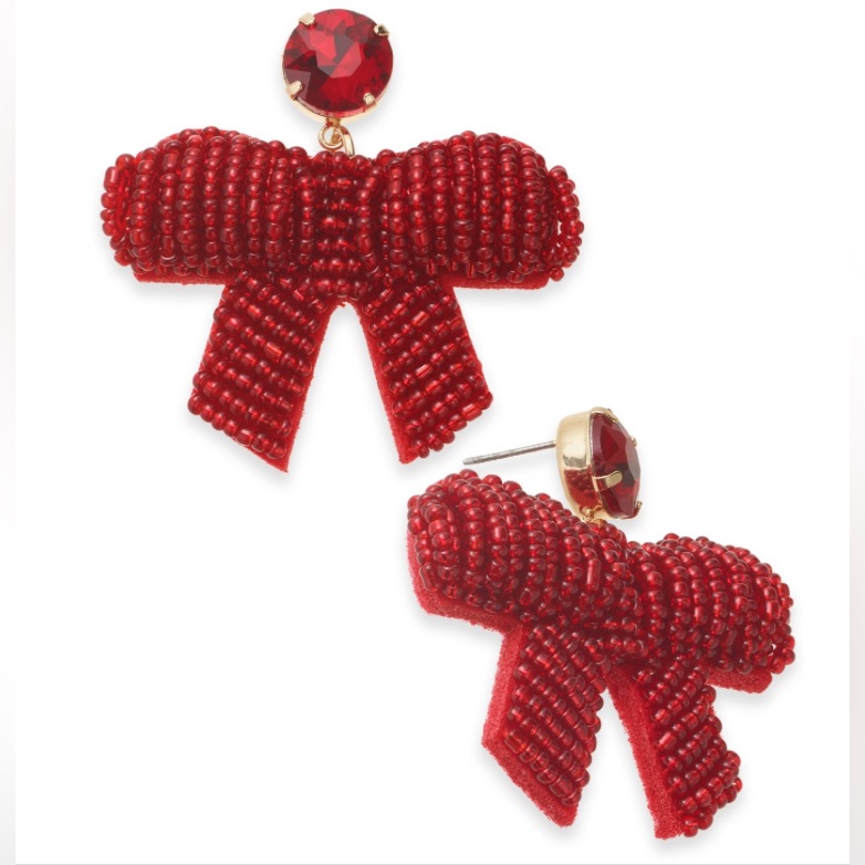 Nwt Holiday Lane Gold-Tone Red Glass Seed Bead Ribbon Bow Drop Earrings - Red 5$